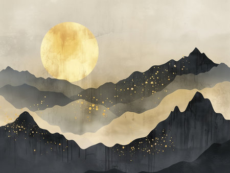 Abstract gold and black art background with Japanese ink painting style, minimal landscape and geometric shapes, suitable for luxury wall art or elegant backgrounds.の素材