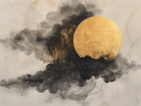 Abstract gold and black art background with Japanese ink painting style, minimal landscape and geometric shapes, suitable for luxury wall art or elegant backgrounds.の素材