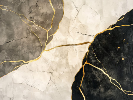 Abstract gold and black art background with Japanese ink painting style, minimal landscape and geometric shapes, suitable for luxury wall art or elegant backgrounds.の素材