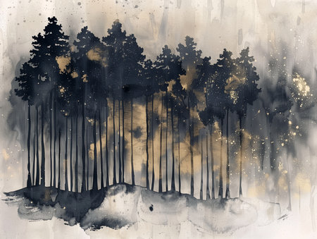 Abstract gold and black art background with Japanese ink painting style, minimal landscape and geometric shapes, suitable for luxury wall art or elegant backgrounds.の素材