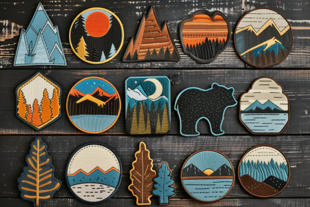Collection of minimal camping and mountain badges on dark wooden background, night sky, moon and forest silhouettes.の素材