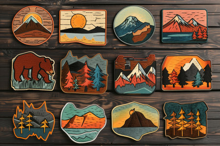 Set of colorful embroidered style camping and mountain badges on wooden background, sunset sky and forest landscape patches.の素材