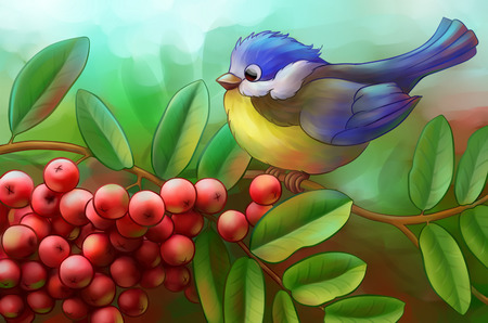 bird on a branch of mountain ashの写真素材