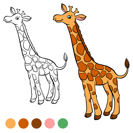 Coloring page. Color me: beaver.  Little cute giraffe stands and smiles.のイラスト素材