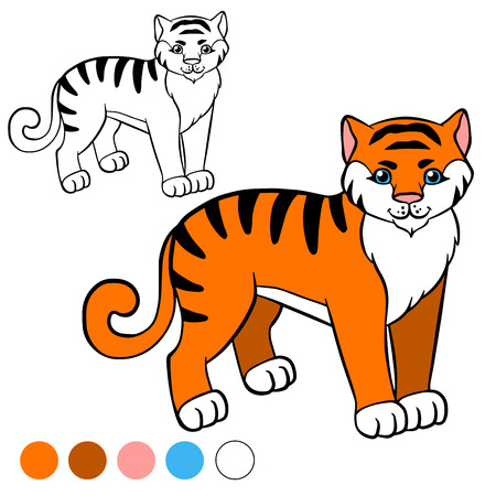 Coloring page. Color me: tiger. Little cute tiger stands and smiles.のイラスト素材