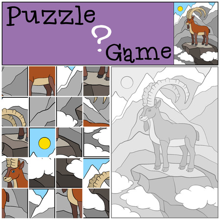 Education game: Puzzle. Cute ibex with great horns stands on the rock and smiles.のイラスト素材