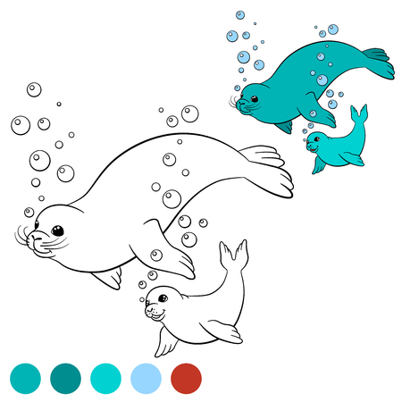 Coloring page with colors. Mother seal swims with her little cute baby and smiles.のイラスト素材