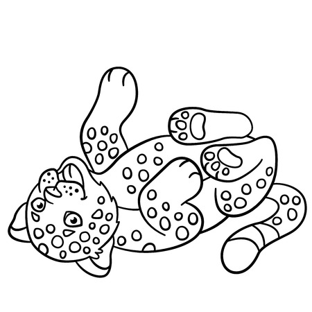 Coloring pages. Little cute spotted baby jaguar smiles.のイラスト素材