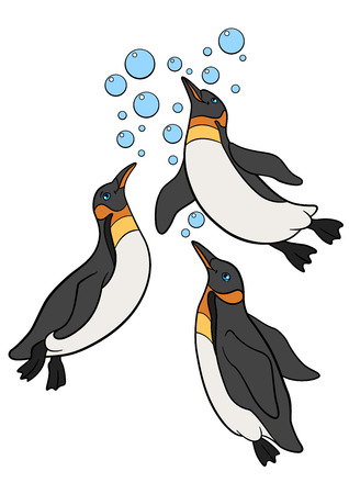 Cartoon birds. Three little cute penguins swim and smile.のイラスト素材