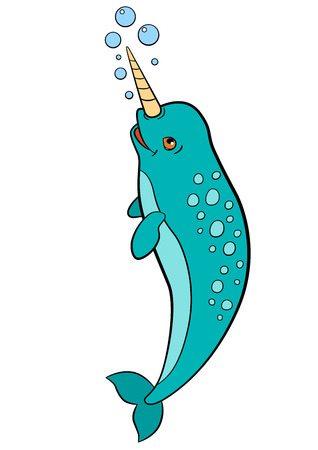 Cartoon animals. Little cute narwhal swims and smiles.のイラスト素材