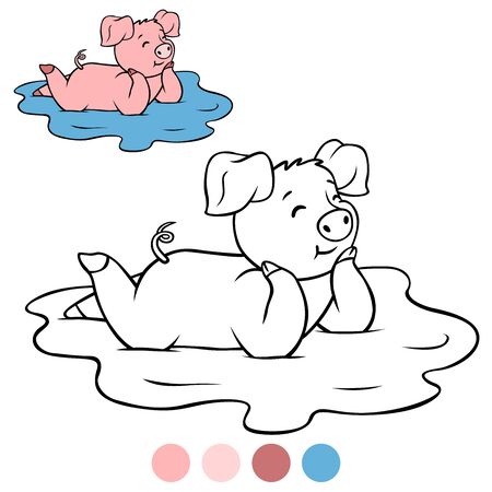 Color me: Little cute piglet lies in the puddle.のイラスト素材