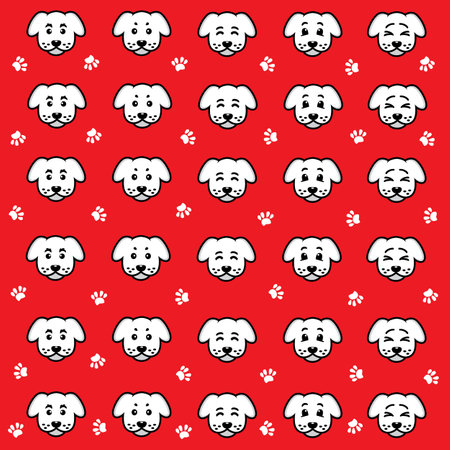 Seamless pattern with cute dog faces on red background. Vector illustration.のイラスト素材