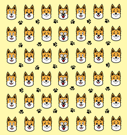 Vector set of cute cartoon shiba inu dog face with paw tracks.のイラスト素材