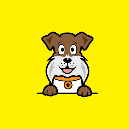 Cute dog with a bone. Vector illustration on a yellow background.のイラスト素材