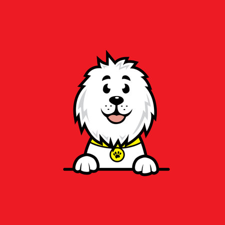 Cute cartoon dog. Vector illustration on a red background. Cartoon style.のイラスト素材
