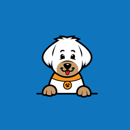 Cute cartoon dog. Vector illustration. Flat design. Isolated on blue background.のイラスト素材