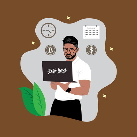 Vector illustration of a man holding a laptop with the inscription Black Friday.のイラスト素材