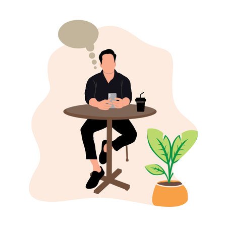 Man sitting at the table and using smartphone. Vector illustration in flat styleのイラスト素材