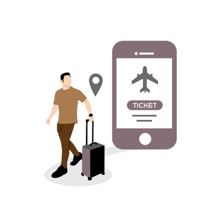 Flat design vector illustration concept of online booking. A man with a suitcase and a smartphone.のイラスト素材