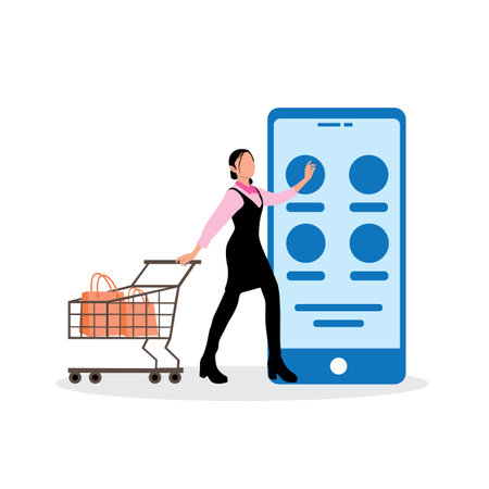 Online shopping concept with smartphone and woman. Vector illustration in flat styleのイラスト素材