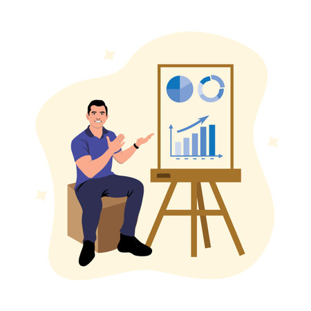 Businessman analyzing financial charts on whiteboard. Vector illustration in flat styleのイラスト素材