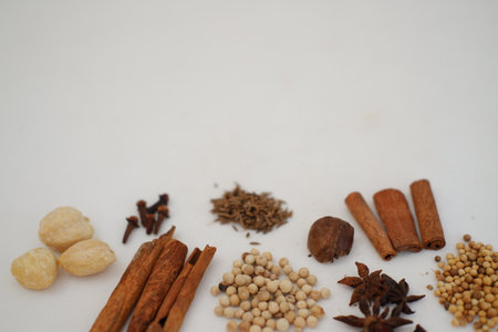 Spices and herbs on a white background. Food and cuisine ingredients.の写真素材