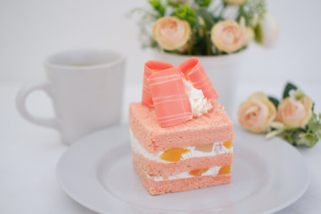 Strawberry cake with coffee cup on white table, stock photoの写真素材