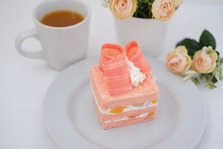 Piece of cake and cup of tea on white background, stock photoの写真素材