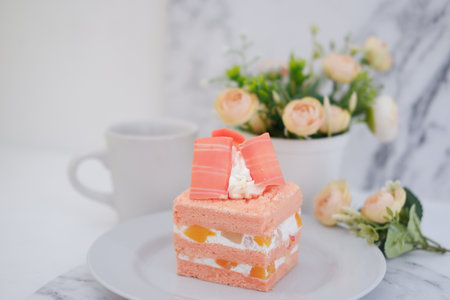 Strawberry cake with coffee cup on white marble table, stock photoの写真素材