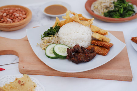 Nasi lemak, malaysian food on white plateの写真素材