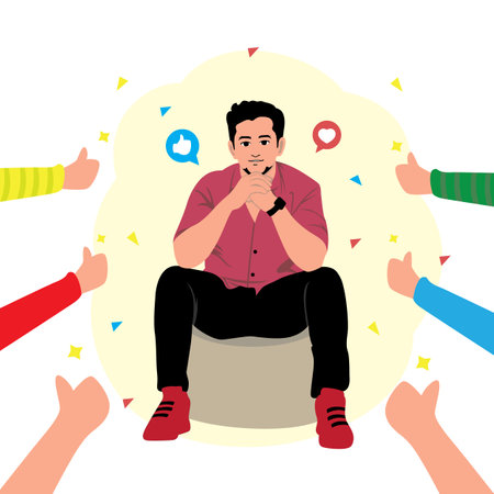 People and communication concept. Flat style vector illustration. Young man sitting on a bean bag chair.のイラスト素材