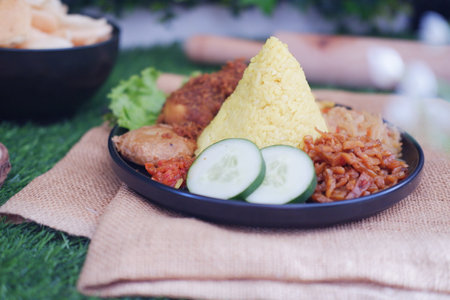 Rice with chicken and vegetables on the table, Thai food.の写真素材