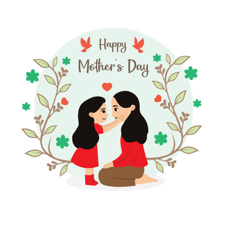 Happy mother's day greeting card with cute little girl kissing her mother. Vector illustration.のイラスト素材