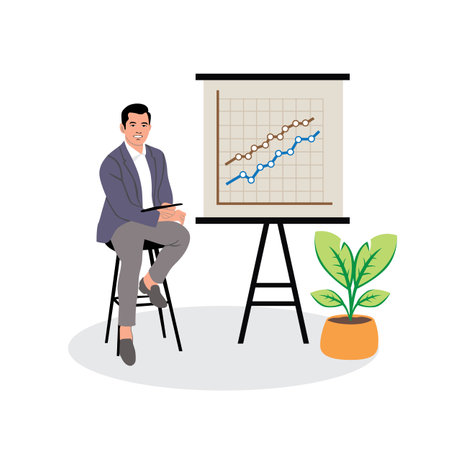 Businessman sitting on a chair in front of a whiteboard with charts. Vector illustrationのイラスト素材