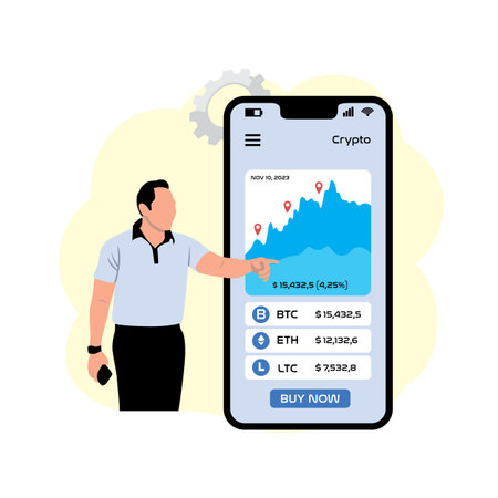 Vector illustration of a man pointing to the screen of a mobile phone with financial charts.のイラスト素材