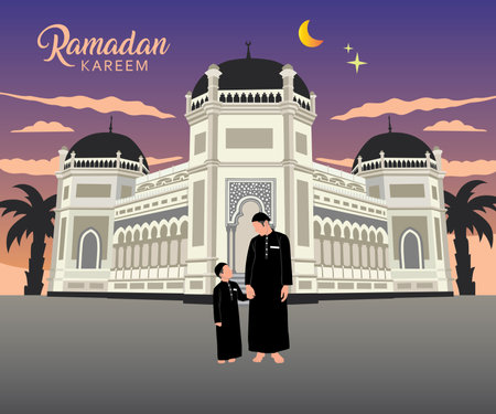 Vector illustration of Ramadan Kareem greeting card. Muslim man and son in front of mosque at sunsetのイラスト素材