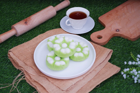 Kue Putu Ayu, a traditional Indonesian snack made from rice flour, pandan leaves, grated coconut then steamed.の写真素材