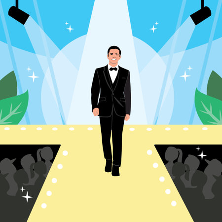Fashion Men Show with Catwalk Male Models Display Clothes on Runway in a tuxedo on Flat Cartoon Hand Drawn Templates Illustrationのイラスト素材