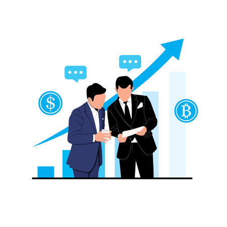 Businessman discussing about bitcoins. Vector illustration in flat styleのイラスト素材