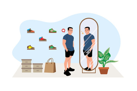 Vector illustration of a man looking at himself in the mirror. Flat style.のイラスト素材