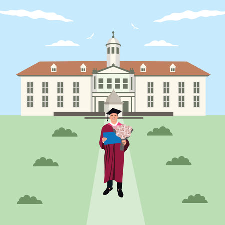Graduate with books in front of the school. Vector illustration.のイラスト素材