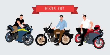 Bikers on motorcycles. Vector illustration in flat style. Motorcyclists on motorbike.のイラスト素材