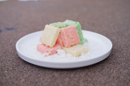 Getuk lindri, traditional food from Java Indonesia against grass backgroundの写真素材