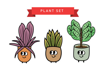 Set of cute cartoon potted plants. Hand drawn vector illustration.のイラスト素材