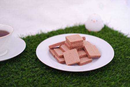 photo delicious wafers and a cup of coffee for breakfast, top viewの写真素材