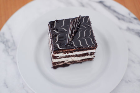 Delicious chocolate cake on a white plateの写真素材