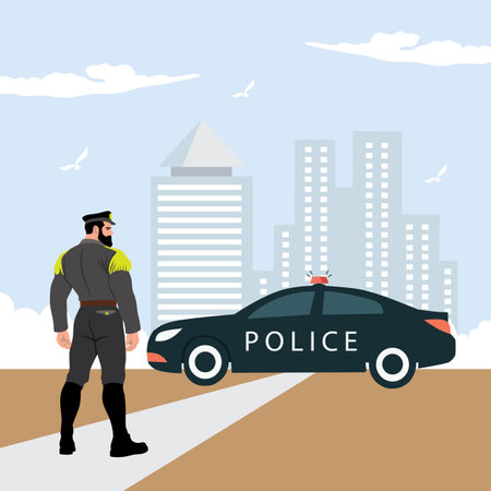 Police officer standing near police car. Vector illustration in flat style.のイラスト素材