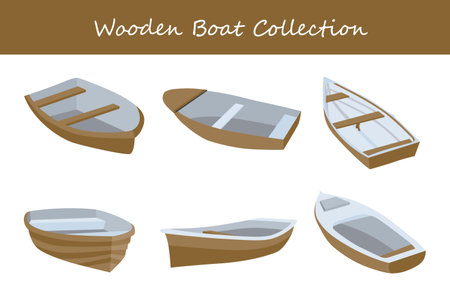 wooden boat collection. wooden boat in different poses. Vector illustration.のイラスト素材
