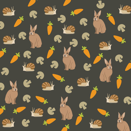 cute rabbit and snail with carrot, mushroom as a pattern backgroundのイラスト素材