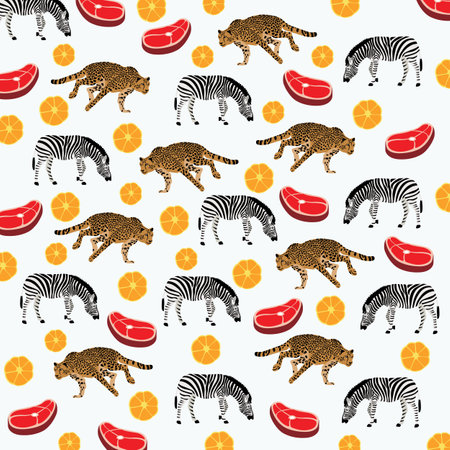 cute cheetah, zebra with meat and fruit as a pattern backgroundのイラスト素材